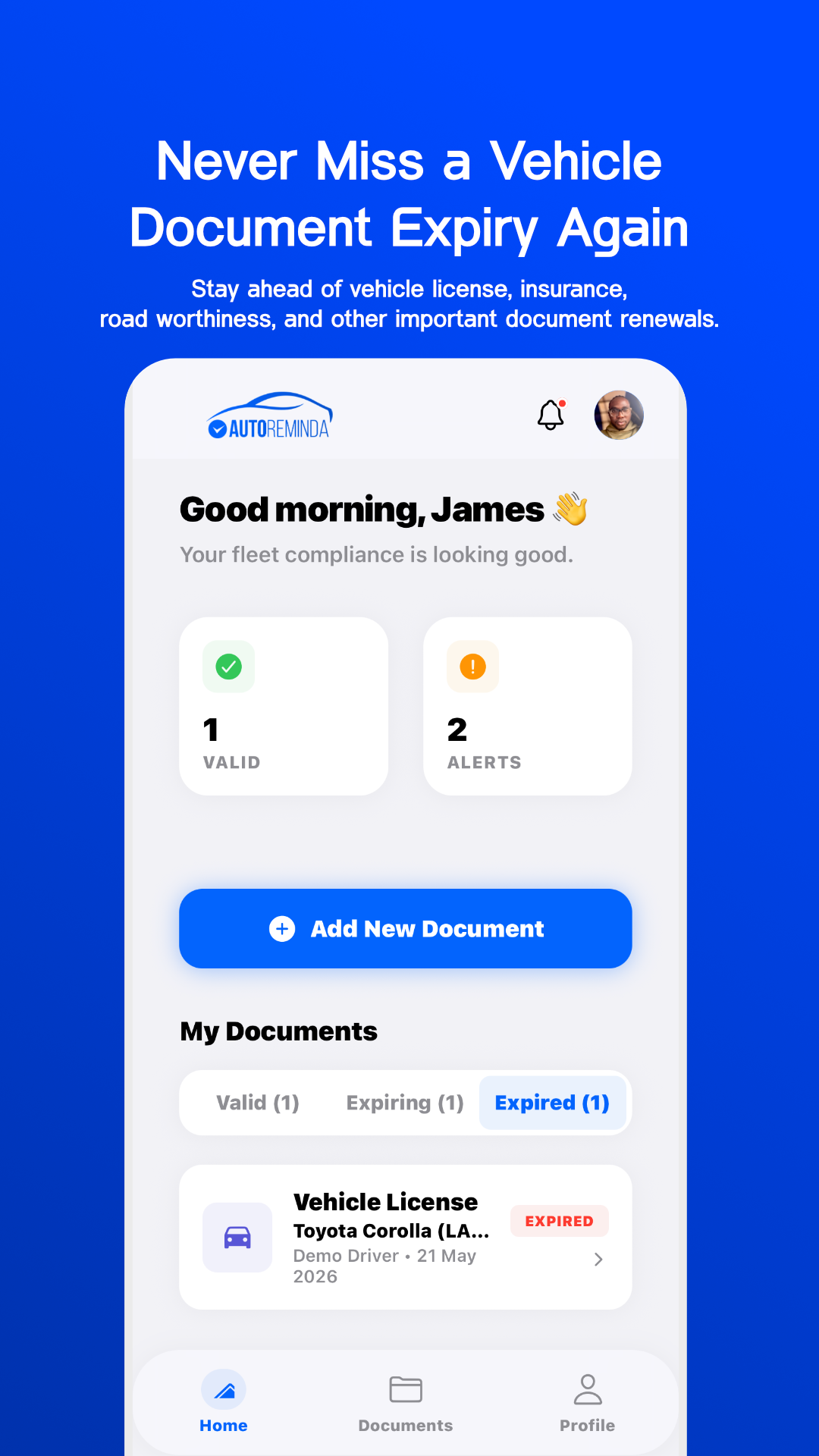 AutoReminda vehicle document dashboard