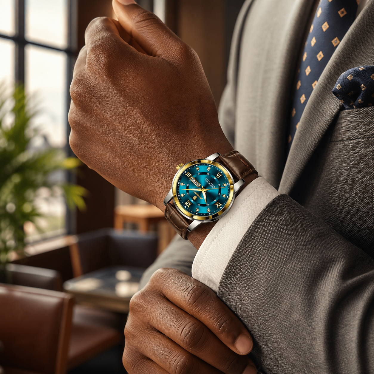 Ekima signature watch worn with a tailored suit